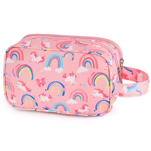 Unicorn Kids Toiletry Bag for Girls, Travel Toiletry Bag for Little Young Girls Cosmetic Bag Makeup Bag Waterproof Hanging Wash Bag Toddler Toiletries, Rainbow Pink - color: Rainbow Unirorn
