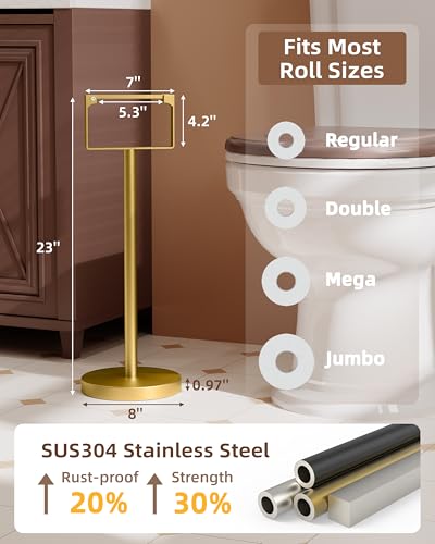 RUACQ Toilet Paper Holder Stand, Modern Freestanding Tissue Roll Holder for Bathroom, Durable 304 Stainless Steel and Weighted Base Toilet Paper Stand (Gold, 1 Pack) - color: Gold, size: Free Standing