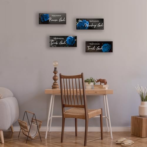ONIZHITY 4 Pcs Blue Bathroom Decor Religious Wall Art Bible Verse Inspirational Navy Blue Rose Wall Decor Rustic Wooden Christian Sign for Home Bathroom Office Bedroom Living Room Kitchen(Blue 10x4) - color: Blue Rose
