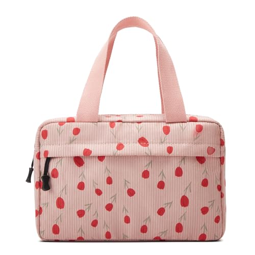 Large Makeup Bag for Women Corduroy Cosmetic bag Make up Bags Zipper Pouch with handle Cosmetic Organizer Toiletry Bag for Travel Storage - color: 29-Tulip Pink