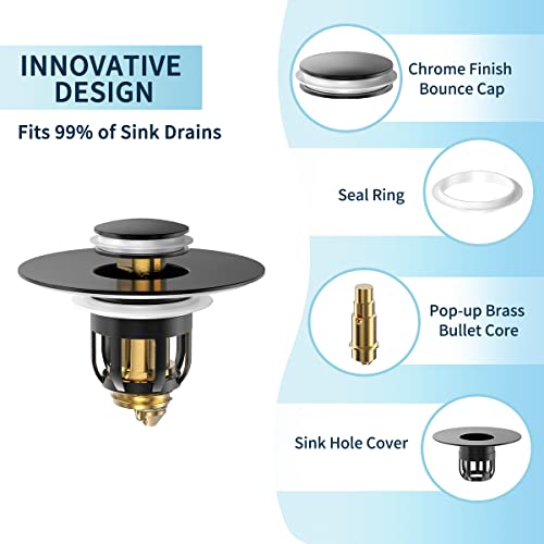 MUAIOLAUS Universal Bathroom Sink Stopper, Pop Up Sink Stopper with Basket Hair Catcher, Anti Clogging Sink Drain Filter for 1.06"-1.65" Drain Holes - color: Black