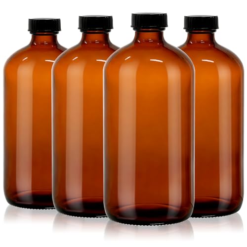 4 Pack 32 oz Amber Glass Boston Round Bottles with Phenolic Polycone Caps – Airtight, Leak-Proof Brown Bottles for Kombucha Brewing, Essential Oils, Storing Condiments, and Homemade Solutions - size: 32 Ounces