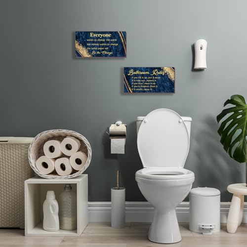 DONFENTHY 2 Pieces Blue Gold Bathroom Decor Rustic Farmhouse Wooden Signs Bathroom Rules Wall Art 12x6 Inch - color: Blue