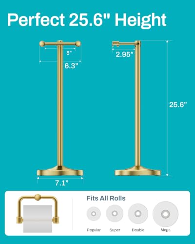 Freestanding Toilet Paper Holder Stand, 4.57 LB Weighted Base Toilet Paper Stand with Pivoting Arm, 304 Stainless Steel Floor Toilet Roll Holder No Drilling, 25.6 Inch, Gold - color: Gold