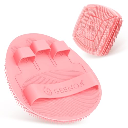 Silicone Body & Face Scrubber Set, 360° Anti-Slip & Hand-fit Silicone Shower Scrubber for Rich Foaming Deep Cleaning, Unique Facial Scrubber with Side-bristles for Contoured Areas.(Pink) - color: Pink Set