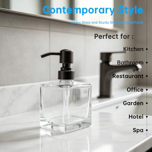 Square Bathroom Soap Dispenser Oil Rubbed Bronze, Glass Bottles with Stainless Steel Pump Retangle Cube Liquid Soap Dispenser Hand Kitchen with Waterproof Lables - color: Oil Rubbed Bronze, size: 8.4oz-Square