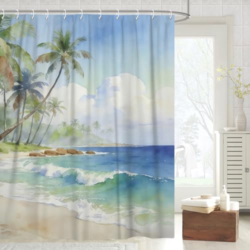 Fabric Shower Curtain with Hooks, Waterproof & Washable Polyester, Blue Coastal Beach Tropical Ocean Theme Shower Curtains for Bathroom, Nautical Palm Tree Beachy Bathroom Curtain, 71x74 Inch - color: Coastal Vacation