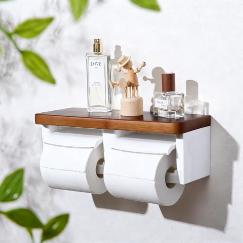 White Double Toilet Paper Holder with Wooden, White Wall Mounted Toilet Paper Holder with Wood Shelf, Bamboo Toilet Paper Holder with Phone Shelf - color: Wood Brown&white, size: Full