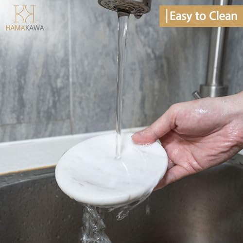 Natural Marble Soap Dish, Round White Jewelry Dish 4.5 Inch, Limestone Shower Soap Holder, Modern Stone Sponge Holder with Beveled Edge, Bar Soap Saver Tray for Bathroom, Kitchen - color: Volakas 4.5-in Circ Beveled