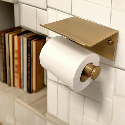 Toilet Paper Holders with Shelf Antique Bronze, Bathroom Wall Mount Tissue Dispenser with Cell Phone Storage Soap Organizer Vintage Farmhouse for Paper Roll with Max Length 4.8INCH (Brass Color)