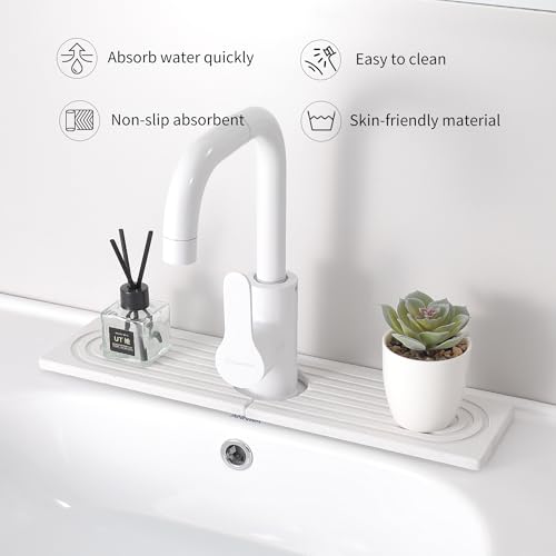 Diatomite Faucet Mat for Kitchen Sink, Quick-Dry Stone-Like Sink Mat, Flat Lay Absorbent Countertop Drying Mat for Faucet Area, Hard Diatomite Mat, White, 15.8 x 4 in - color: White-D