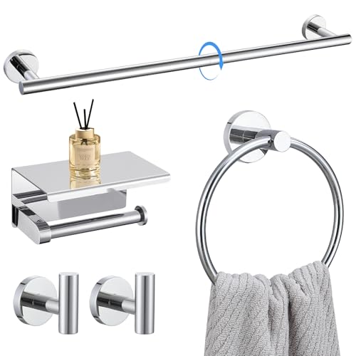 5-Piece Towel Bar Set Polish Chrome Bathroom Hardware Accessories Set Upgraded Toilet Paper Holder with Shelf Towel Holder Set for Bathroom Stainless Steel Wall Mounted - color: Polished Chrome, size: 5-Piece Upgraded Set