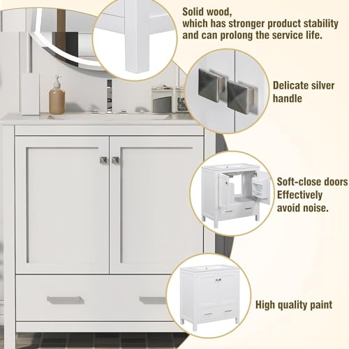 Linique 30" Modern Bathroom Vanity with Sink Combo Set, Solid Wood Frame Bathroom Storage Cabinet with 2 Soft Closing Doors and a Drawer, Multifunctional Storage, White - color: White