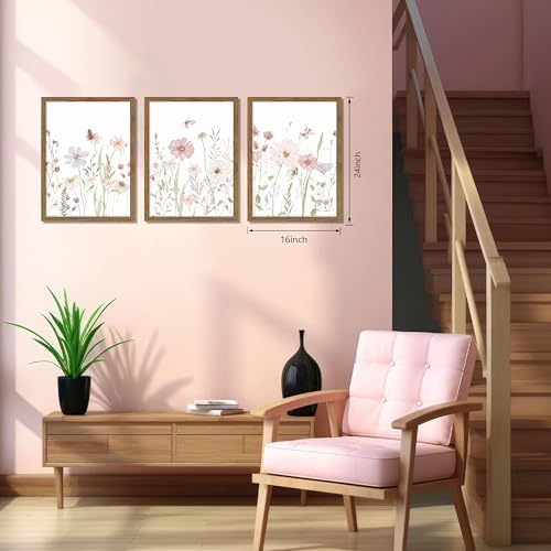 Framed Wildflower Wall Art Set of 3, Pink Floral Canvas Wall Decor Pictures, Vintage Flower Botanical Paintings, Nursery Flowers Butterfly Posters Prints for Bedroom Living Room 16x24 Inch - color: Pink Wildflower, size: 24"L x 16"W