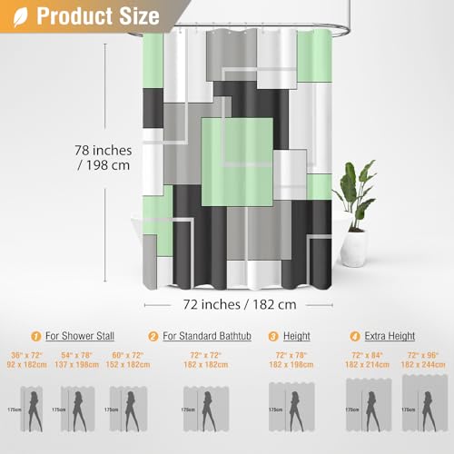 BTTN 78 Inch Long Shower Curtain, Tall Geometric Abstract Fabric Shower Curtain Set with Plastic Hooks, Large Modern Luxury Neutral Cloth Curtains for Bathroom Shower and Bathtub - 72x78 - Mint Green - color: Mint Green, size: 72"W x 78"L (Pack of 1)
