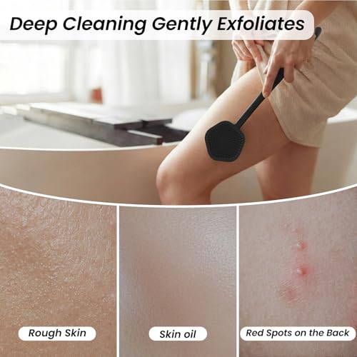 Redfly Silicone Back Scrubber for Shower Brush, 17 inch Long Handled Silicone Body Scrubber, Double Sided Shower Scrubber for Body Brush - color: Ink-black
