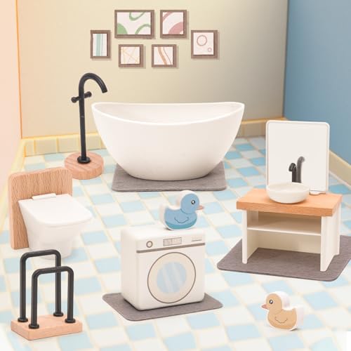 HAPGFS Wooden Dollhouse Furniture Set Elegant Kid’s Room & Bathroom Doll House Accessories, Premium Wood Toys for 3-6 Year Olds, Dollhouse Decor Set for Girls & Boys Birthday Christmas - style: Kid's & Bathroom