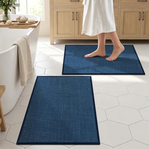 SHACOS Bath Mat Set of 2, Ultra Thin Washable Bathroom Rugs, No Slip Rubber Bath Rugs for Bathroom, Quick Dry Absorbent Bathroom Mat for Shower Outside Floor Toilet Sink (17"x24"+17"x24") - color: Blue, size: 17"x24"+17"x24"