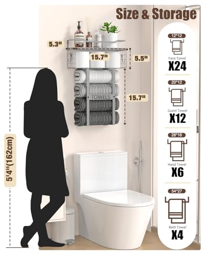 Towel Racks for Bathroom Wall Mounted - Bath Wall Towel Holder Set Above Toilet Storage, Rolled Towel Shelf Organizer for Small Bathroom, Wood Vertical Towel Rack for Bathroom Wall Decor Grey - color: Grey