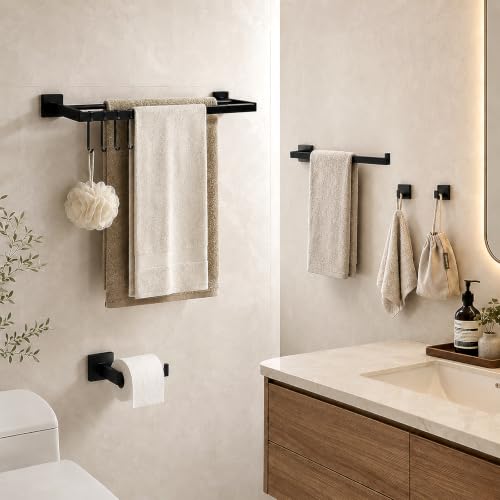 Matte Black 9 Piece Bathroom Hardware Set, 304 Stainless Steel Towel Bar Set with Double Towel Bar, Toilet Paper Holder, Wall Mounted Heavy Duty Rustproof Accessories for Bathroom Kitchen - color: B-24 Matte Black