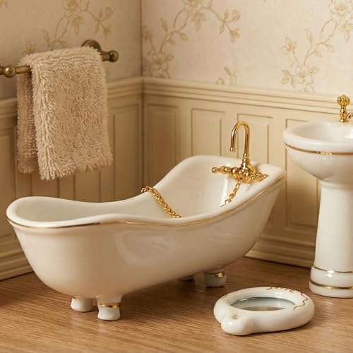 Dollhouse Bathroom Set 5PCS Miniature Porcelain Furniture 1/12 Victorian Dollhouse Furniture White Ceramic Toilet Bathtub Washbasins Decoration Accessory (Golden) - style: Golden