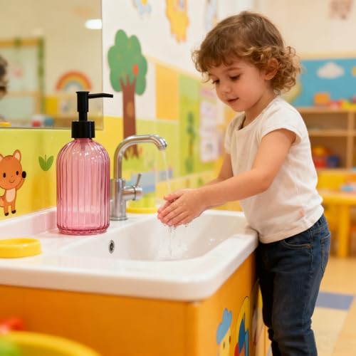 Black Pump Glass Soap Dispenser, 13.5oz Stripe Countertop Refillable Liquid Bottle Hand Dish Lotion Dispenser with Plastic Pump, for Kitchen, Bathroom Countertop - color: Rose Red
