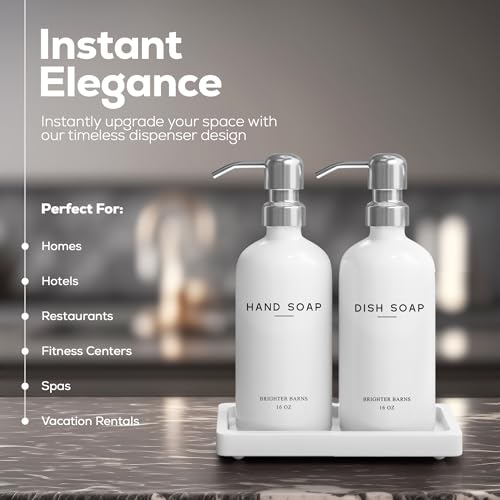 White Glass Hand and Dish Soap Dispenser Set by Brighter Barns - Kitchen Soap Dispenser Set with Tray & Pump for Office, Hotel, Vacation Rental, Airbnb - Modern Kitchen Decor & Accessories (White) - color: Silver Hd