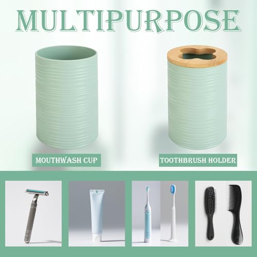 Bathroom Accessories Set 4 Piece Bamboo Bath Ensemble Includes Soap Dispenser and Toothbrush Holder Set, Soap Dish and Mouthwash Cup.Bohemian Style-Brief but not Simple(Green)