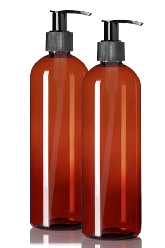 ljdeals 16 oz Amber Plastic Bottles with Pumps, Soap Dispenser, Slim, Tall Squeezable Refillable Containers for Shampoo, Lotion, Cream and More… Pack of 2, BPA Free, Made in USA