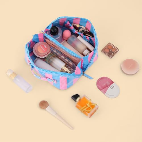 DYSHAYEN Stripe Travel Makeup Bag with Compartments Clear Coated Cosmetic Bag for Women, Waterproof Portable Open Flat Toiletry bag （Blue-Pink） - color: Blue-Pink