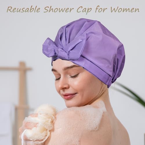 Shower Cap for Women Reusable Waterproof, Large Satin Shower Bonnet, Washable Bath Hat for Long Hair, Braids, Curly Hair, Purple - color: Purple