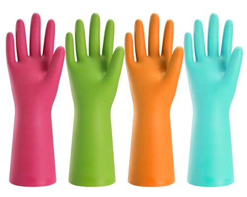 Bamllum Rubber Cleaning Gloves for Kitchen - 4 Pairs Reusable Dishwashing Gloves for Household, Flexible Long-lasting & Waterproof (Large, Blue+Green+Red+Orange) - size: Large