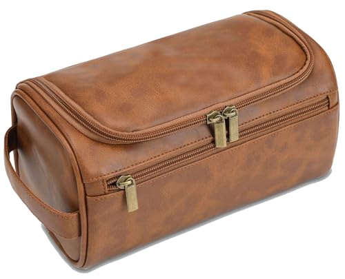 Toiletry Bag for Men, Travel Shaving Dopp Kit Water-resistant Bathroom Toiletries Organizer PU Leather Cosmetic Bags - color: brown