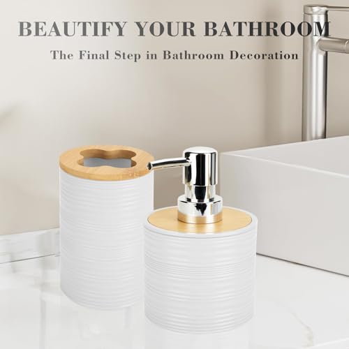 2 PCS White Bathroom Accessories Set, Soap Dispenser and Toothbrush Holder Set, Plastics & Bamboo Bathroom Set, Bohemian Style Bathroom Sink Set - color: White, size: 2 PCS