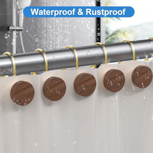 Shower Curtain Hooks, Decorative Shower Curtain Rings for Shower Curtain, Imitation Wood Grain Resin Shower Curtain Hangers, 12PCS Waterptoof Shower Hooks for Bathroom, Bedroom, Plant Hanger (Gold) - color: Gold