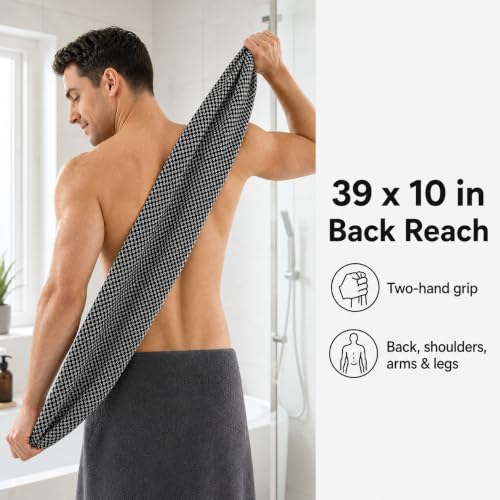 Exfoliating Shower Towel, Cotton-Blend Back Scrubber, Black | 39 x 10 in, dual-sided texture, quick-dry mesh, washable for home, gym, travel - color: Black