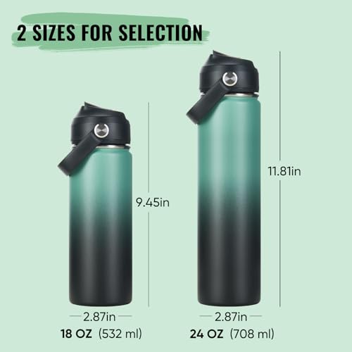 Fijinhom 24oz Insulated Stainless Steel Water Bottle, Wide Mouth Double Wall Vacuum, Silicone Straw, Sweat & Leak Proof, BPA Free Insulated Water Flask for Travel, Keep Cold 24h Hot 12h, Green & Black - color: Green & Black, size: 24 Ounces