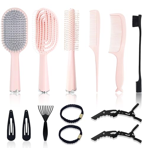 Hair Brush Set, Professional Styling Tools with Combs and Accessories, Pink, Gift Box Included (Pink Brush+Pink Comb) - color: Pink Brush+Pink Comb