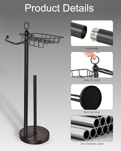 Toilet Paper Holder Free Standing with Basket for Phone & Wet Wipes, Stainless Steel Toilet Paper Holder for 4 Rolls Storage, Stable Weighted Base and Rustproof 23" H for Bathroom (Black) - color: Matte Black