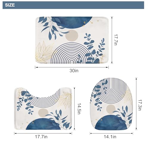Riyidecor Boho Light Blue 4Pcs Bathroom Shower Curtain Sets Mid Century Minimalist Abstract Modern Bathroom Decor Set with Rugs and Accessories Leaf Toilet Lid Rug, Contour and Bath Mat with 12 Hooks - color: 01light Blue