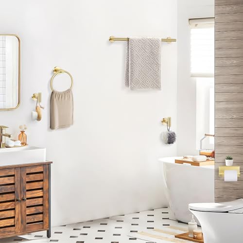 TQKAG 5 Piece Bathroom Towel Bar Holder Sets Brushed Gold Bathroom Hardware Set Stainless Steel Toilet Paper Holder with Shelf Bathroom Accessories Kit Wall Mounted - color: Brushed Gold, size: 5-Pieces Set-A