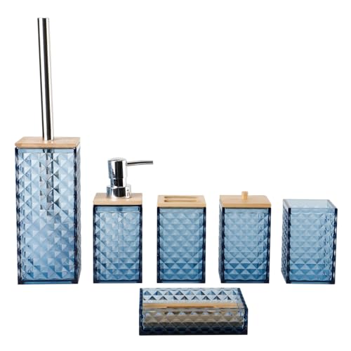 Blue Bathroom Accessory Set, 6 PCS Blue Bathroom Accessories Set, Soap Dispenser, Toothbrush Holder, Soap Dish, Mouthwash Cup, Cotton Swab Holder and Toilet Brush, Acrylic - color: Blue