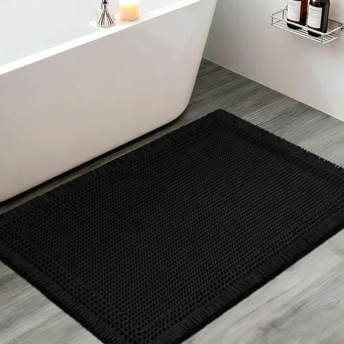 Upgraded Waffle Bath Mat, 36"x24" Black-Bordered, Super Absorbent Non-Slip Quick Dry Bathroom Rugs with Tassels, Machine Washable Ultra Soft Boho Bath Rugs for Floor, Toilet Mats Boho Farmhouse Decor - color: Black, size: 2' x 3' (Rectangular)