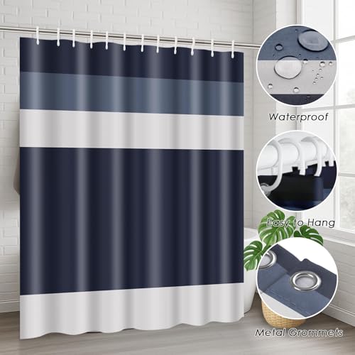 Striped Blue Shower Curtain Set with Toilet Lid Cover and Non-Slip Rugs for Bathroom, Minimalist Navy Geometric 4 Pcs Shower Curtain, Modern Bathroom Set with 12 Hooks - color: Stripes Dark Blue