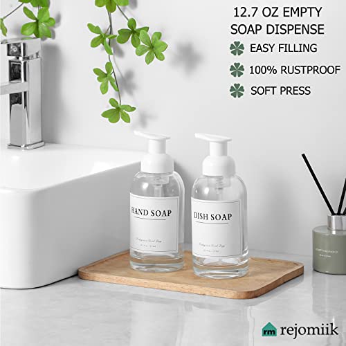 rejomiik 2 Pack Foaming Soap Dispenser Thick Glass Foam Hand Soap Dispenser for Bathroom or Kitchen Sink, 13 oz Clear Pump Bottles for Hand soap, Body Wash, White - color: White