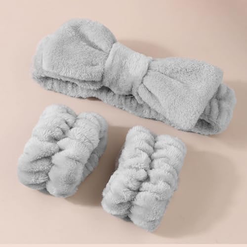 3 Pieces Face Wash Headband and Wristband Set, Makeup Skincare Headbands Spa Headband Towel for Women Skin Care Bath Wrist Bands for Washing Face (Grey) - color: Grey