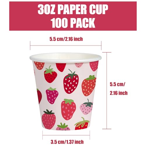 WRAPAHOLIC 3oz Paper Cups - 100 Pack Disposable Bathroom Cups with Strawberry Fruits Design, Small Mouthwash Cup for Toothbrush Rinse, Home Bathroom, Picnic, BBQ, Travel and Party - color: Pink & Red Strawberry