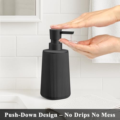 Black Hand Soap Dispenser with No Rust Pump for Bathroom and Kitchen Countertops Refillable Striped Matte Plastic 8.5 oz - color: Black