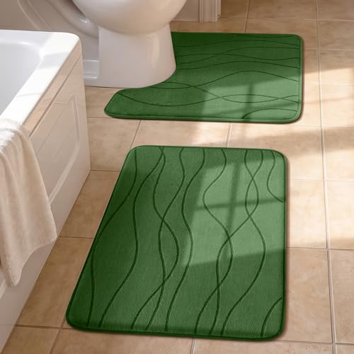 YIHOUSE Bathroom Rugs Set 2 Piece, Memory Foam Bath Mat Green | U Shaped+Small Mat, Ultra Soft, Absorbent, Non-Slip, Machine Washable, for Bathroom, Sink and Toilet - color: Grass Green, size: 2' x 1'5" (Rectangular)