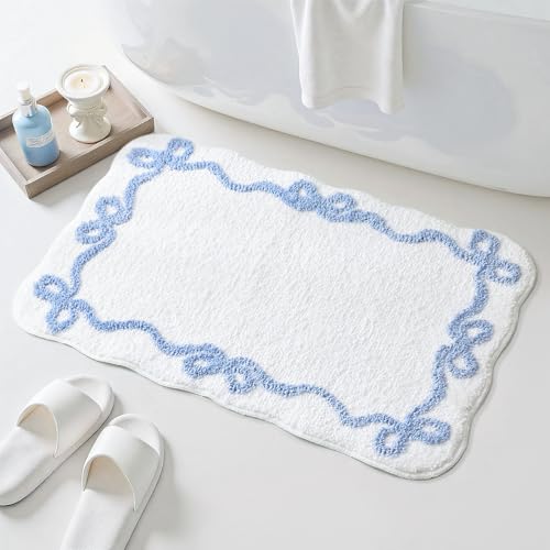 TRUEDAYS Blue Scalloped Bath Mat - Cute Bow Bathroom Rugs Small Non Slip Bath Mat, Soft & Absorbent Bath Rugs for Bathroom Decor, Tub, Vanity Floor - color: Blue Scalloped Bow